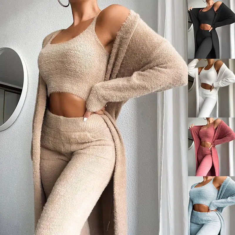 3 Pcs Womens Clothing Fashion Solid Fluffy Plain Crop Top &amp; Skinny Pants &amp; Longline Coat Set Warm Cozy Suit Sets