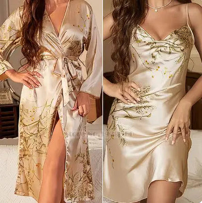 Cherry Print Satin Nightgown &amp; Robe Set