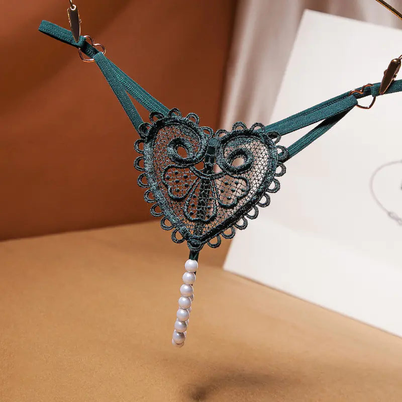 Vintage Pearl Heart Embellished Thong for Women