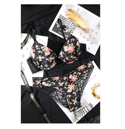 French Lace Edge Floral Print Bra Set for Women