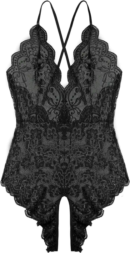 Women One Piece Lingerie Sexy Teddy Lingerie V Neck Sexy Bodysuit Lace Nightie X-Large Black