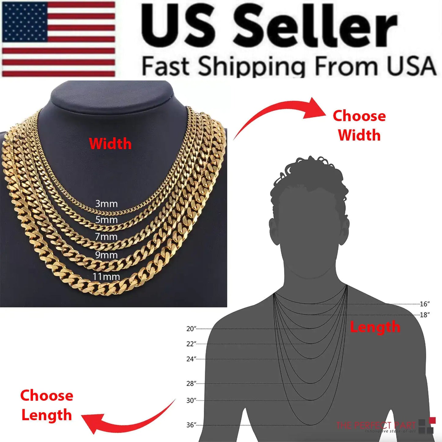 Stainless Steel Gold Silver Chain Cuban Curb Womens Mens Necklace 3/5/7/9/11mm