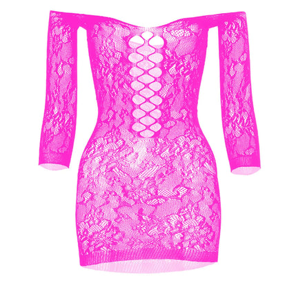 Tosmifairy Womens Mini Fishnet Lingerie Dress Sexy Off The Shoulder Sleepwear Chemise Stretchy BodysuitOne Size (Rose)