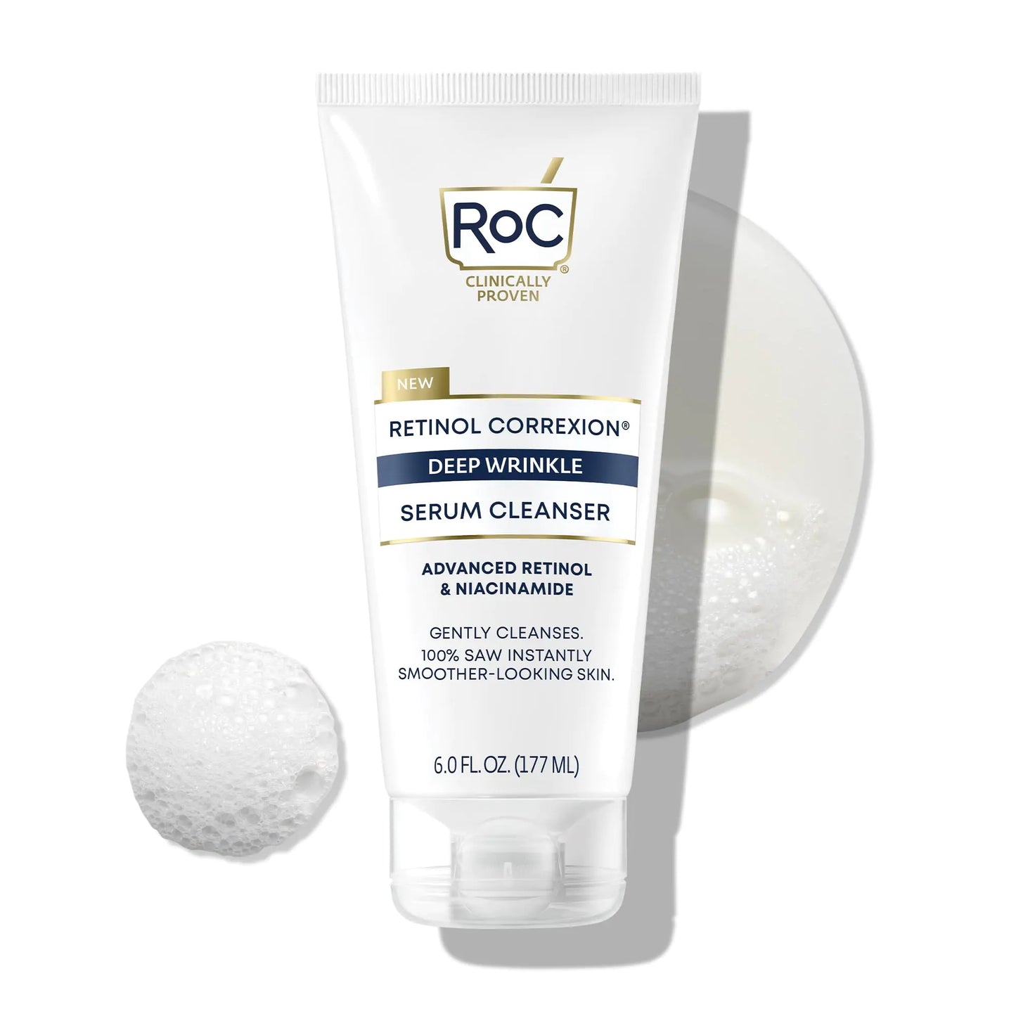 RoC Retinol Correxion Deep Wrinkle Serum Facial Cleanser with Niacinamide for Anti-Aging and Fine Lines, Long-Wear Makeup Remover, Fragrance Free Skin Care, Opthalmologist Tested, 6 Ounces