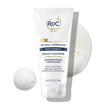 RoC Retinol Correxion Deep Wrinkle Serum Facial Cleanser with Niacinamide for Anti-Aging and Fine Lines, Long-Wear Makeup Remover, Fragrance Free Skin Care, Opthalmologist Tested, 6 Ounces