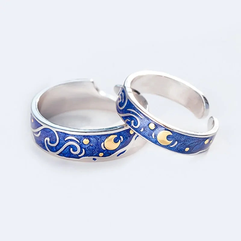 Adjustable Van Gogh Starry Night Couple Rings: Silver with Blue Stars - Valentine&