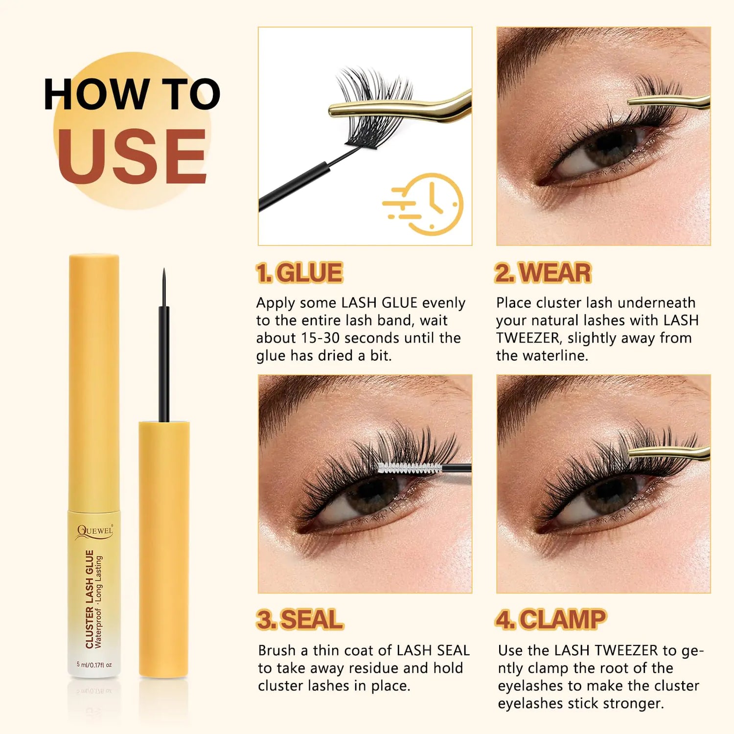 QUEWEL Lash Clusters Bond Eyelash Cluster Glue for DIY Lash Extensions, 5ML Cluster Lashes Glue Waterproof&amp;Long Lasting, Super Strong Hold Eyelash Clusters Bond Suitable for All Day Wear (Black) Bond-Black