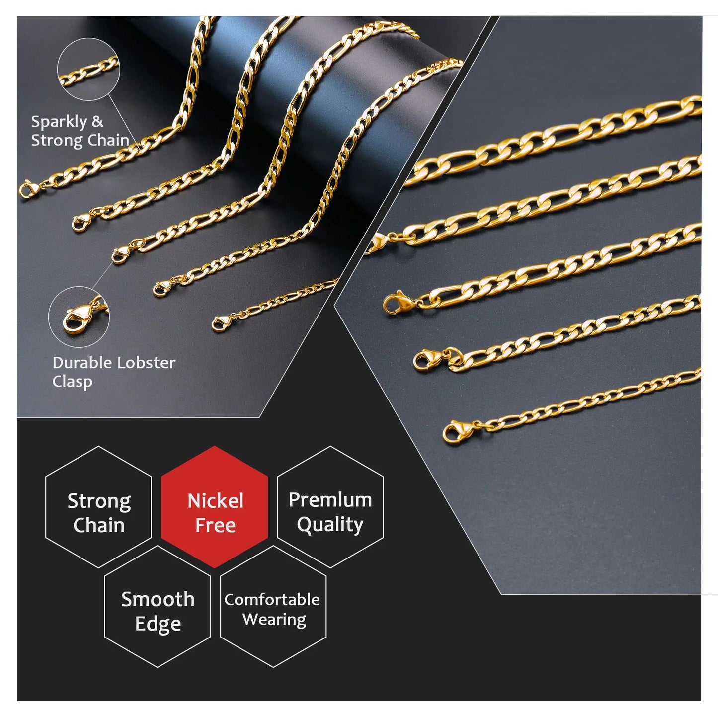 Figaro Chain Necklace Stainless Steel Real Gold Plated Chains for Men Women Jewelry Gift for Men Women 8.5mm width 24 Inches Real Gold-Plated