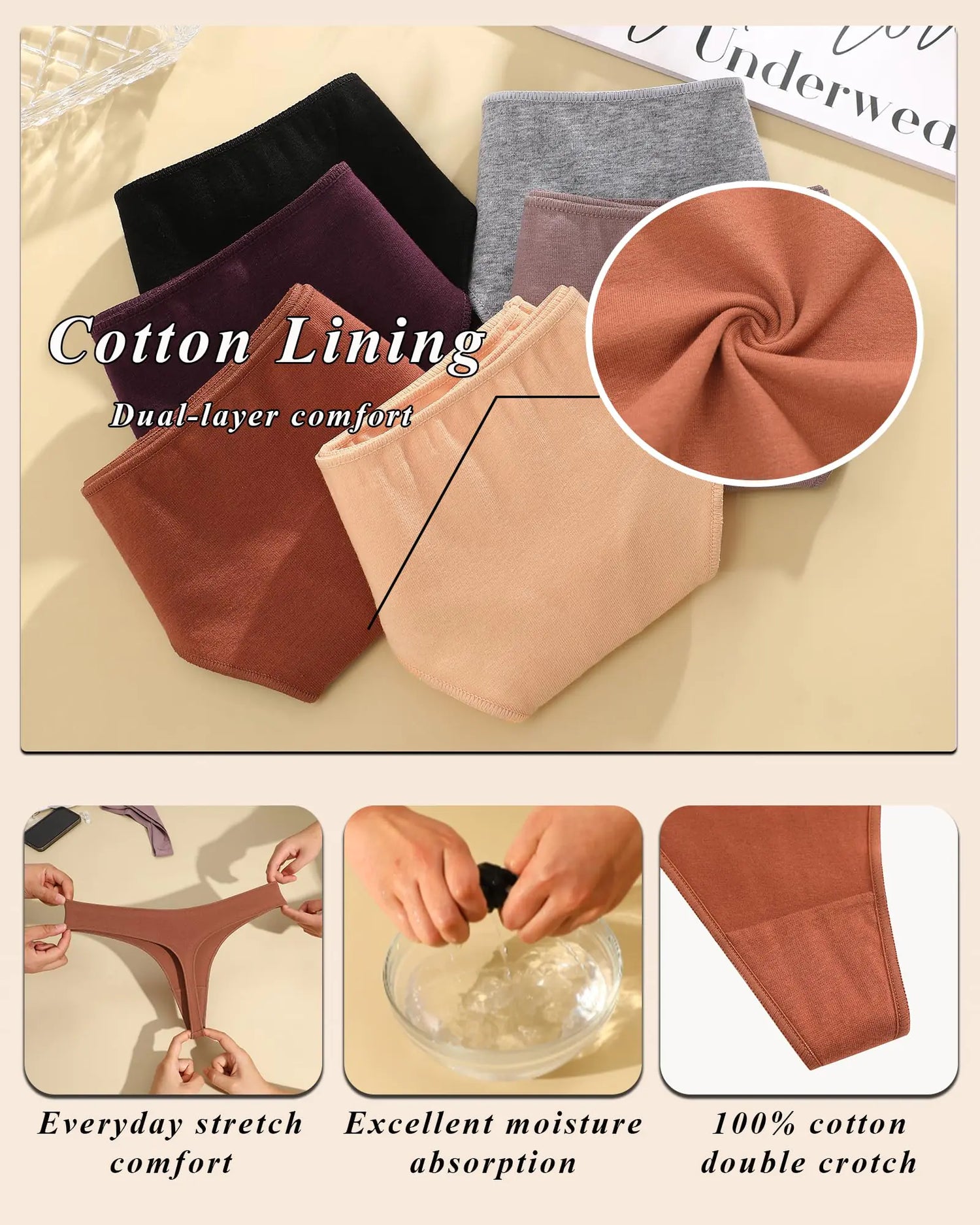Cotton Underwear for Women Pack Breathable Thongs for Women Sexy Stretch Soft Womens Panties Thong L Black/Purple/Caramel/Khaki/Apricot/Gray Large