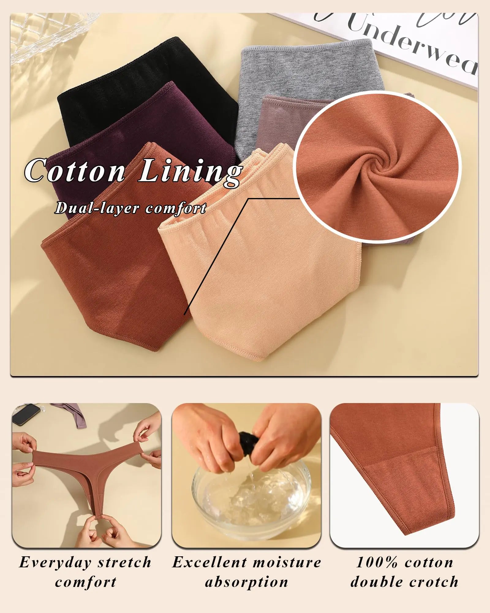 Cotton Underwear for Women Pack Breathable Thongs for Women Sexy Stretch Soft Womens Panties Thong L Black/Purple/Caramel/Khaki/Apricot/Gray Large