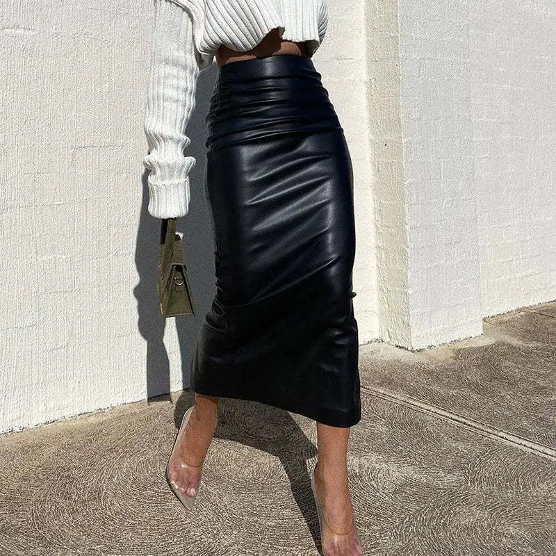 Retro PU Leather High-Waisted Bodycon Midi Skirt