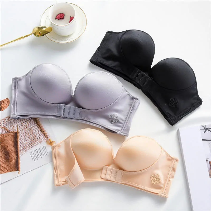 Front &amp; Back Buckle Push-Up Bra: Deep V Strapless Design, Wire-Free, Thicken Lingerie
