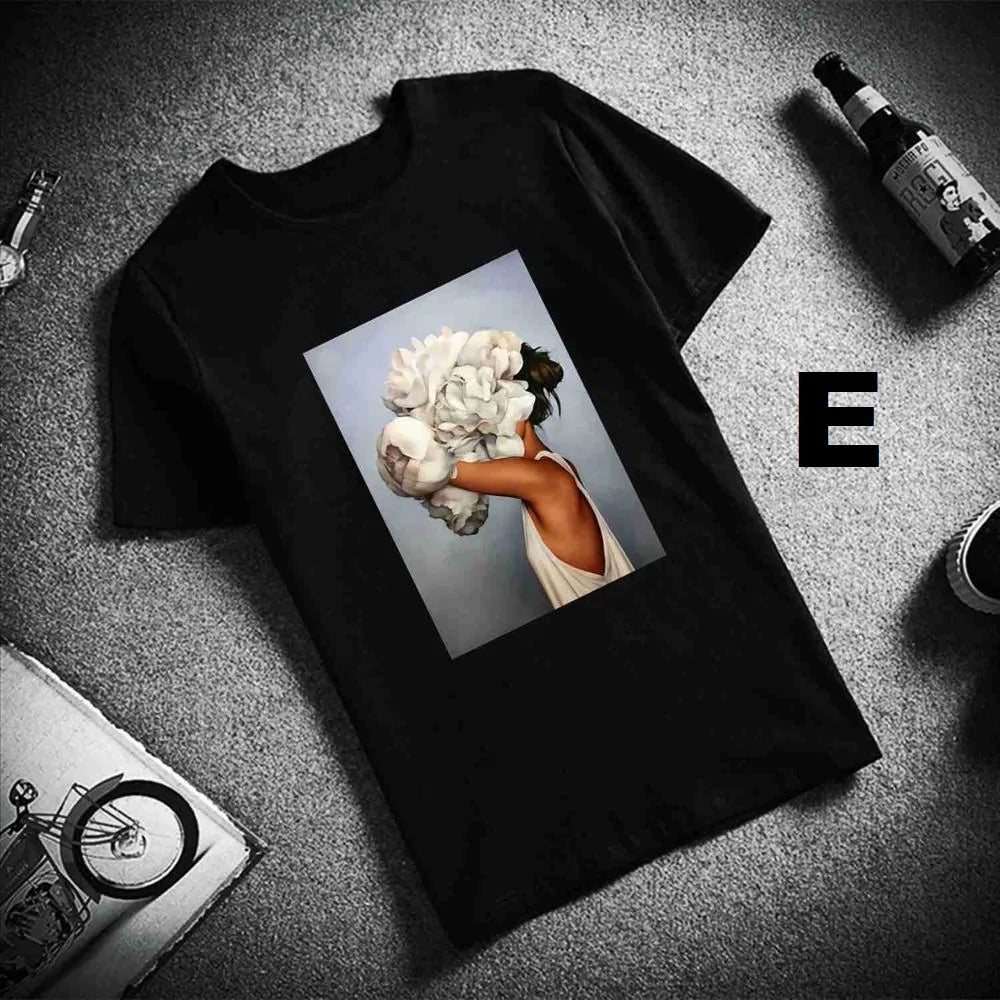 Sexy Flowers Feather Print Short Sleeve Tops