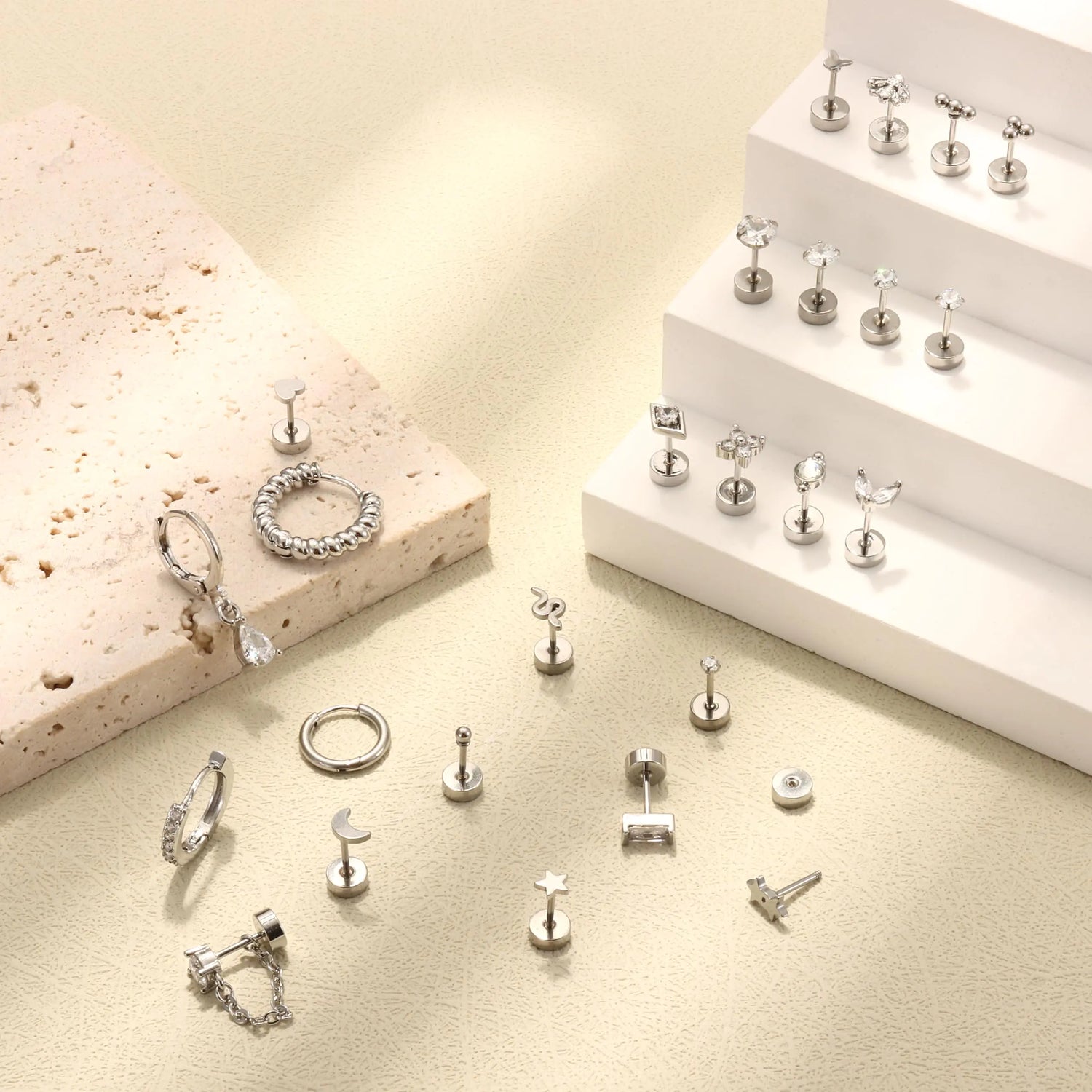 ADRAMATA Tiny Gold Flat Back Earrings for Cartilage Surgical Steel Stud Hoop Earrings Set for Multiple Piercing Cute Star Moon Snake Butterfly CZ Chain Dangle Emerald Green Earrings Helix Piercing Jewelry Hypoallergenic 20G Silver Single Earrings