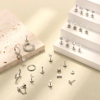 ADRAMATA Tiny Gold Flat Back Earrings for Cartilage Surgical Steel Stud Hoop Earrings Set for Multiple Piercing Cute Star Moon Snake Butterfly CZ Chain Dangle Emerald Green Earrings Helix Piercing Jewelry Hypoallergenic 20G Silver Single Earrings