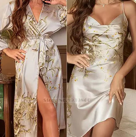 Cherry Print Satin Nightgown &amp; Robe Set