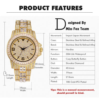 Stainless steel waterproof full diamond watch