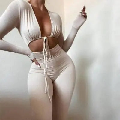 Jumpsuits Bandage Tie Sexy Hollow Out Long Sleeve Bodycon
