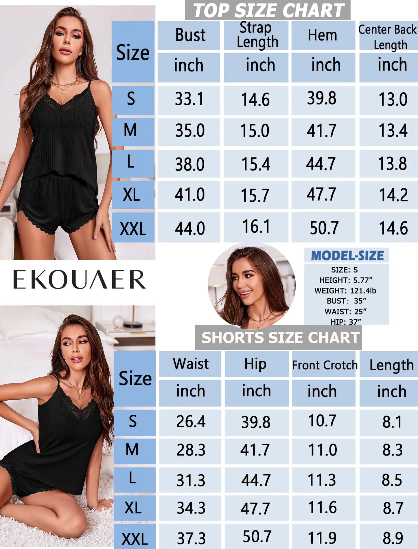 Ekouaer Womens Pajama Sets Soft Lingerie Sleepwear 2 Piece Cami Shorts Set V Neck Pj Lace Nightwear XX-Large Black