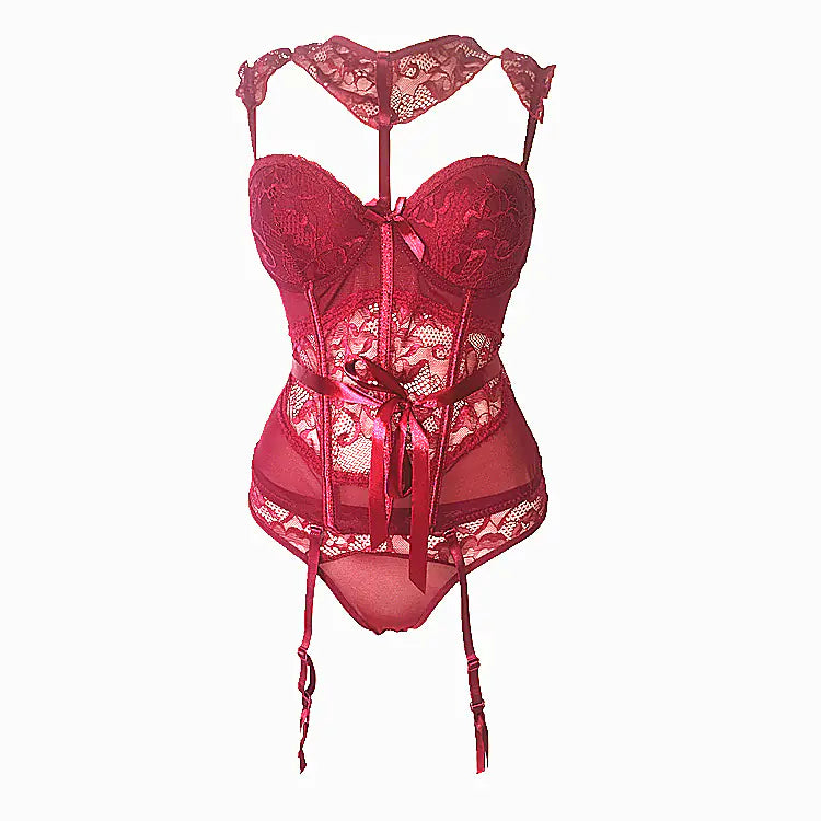 Lace Corset Bodysuit with Bow and Underwire Bra Set
