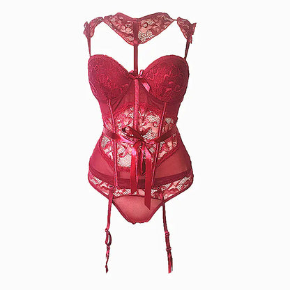Lace Corset Bodysuit with Bow and Underwire Bra Set