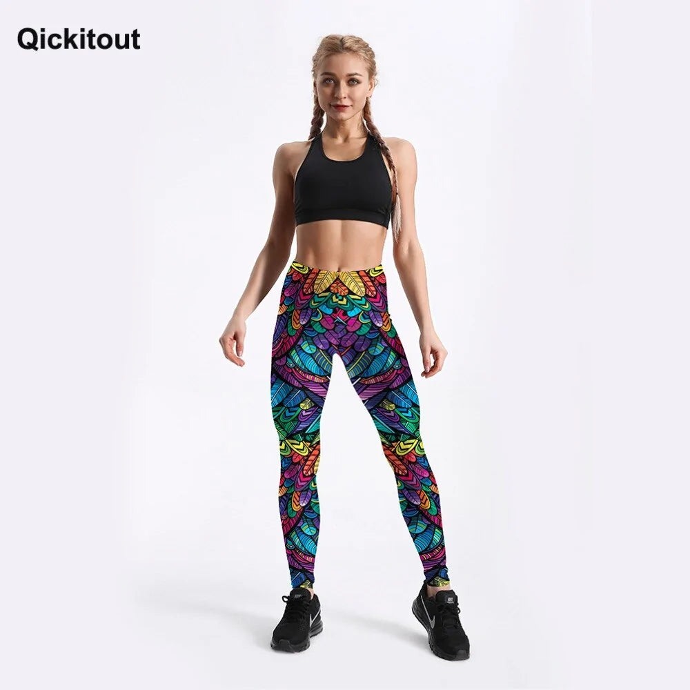 Quickitout Color Feathers 3D Printed Women's Mid-Waist Fitness Trousers