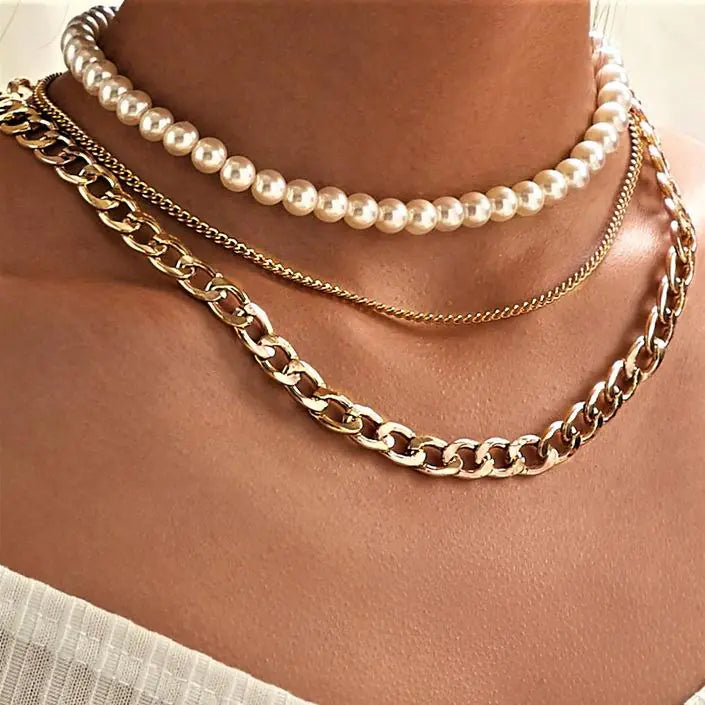 Pearl and Curb 3 Piece Layer 18K Gold