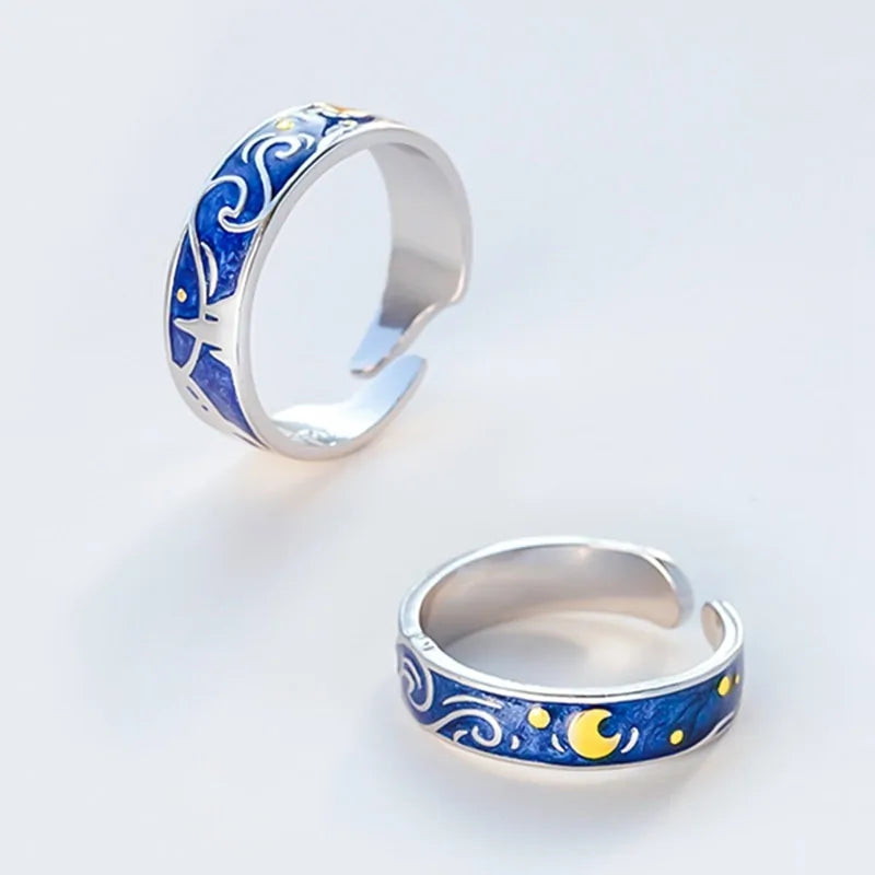 Adjustable Van Gogh Starry Night Couple Rings: Silver with Blue Stars - Valentine&