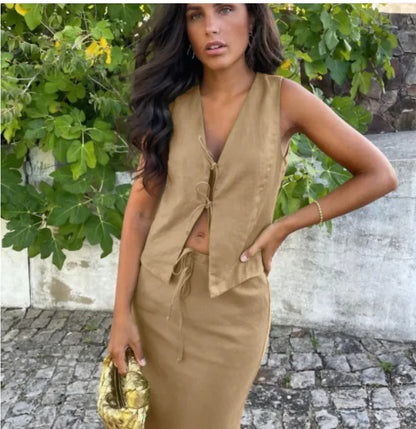 Sleeveless Lace-Up Vest &amp; Skirt Women&