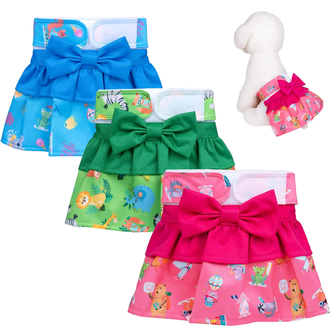 Dono Washable Female Dog Diapers Reusable Doggie Diapers Dress Design Puppy Diapers with Fur-Safe Fasteners Highly Absorbent No Leak Dog Period Panties for Doggy in Heat (Cute Animals S 3 Pack)