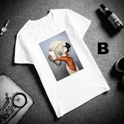 Sexy Flowers Feather Print Short Sleeve Tops