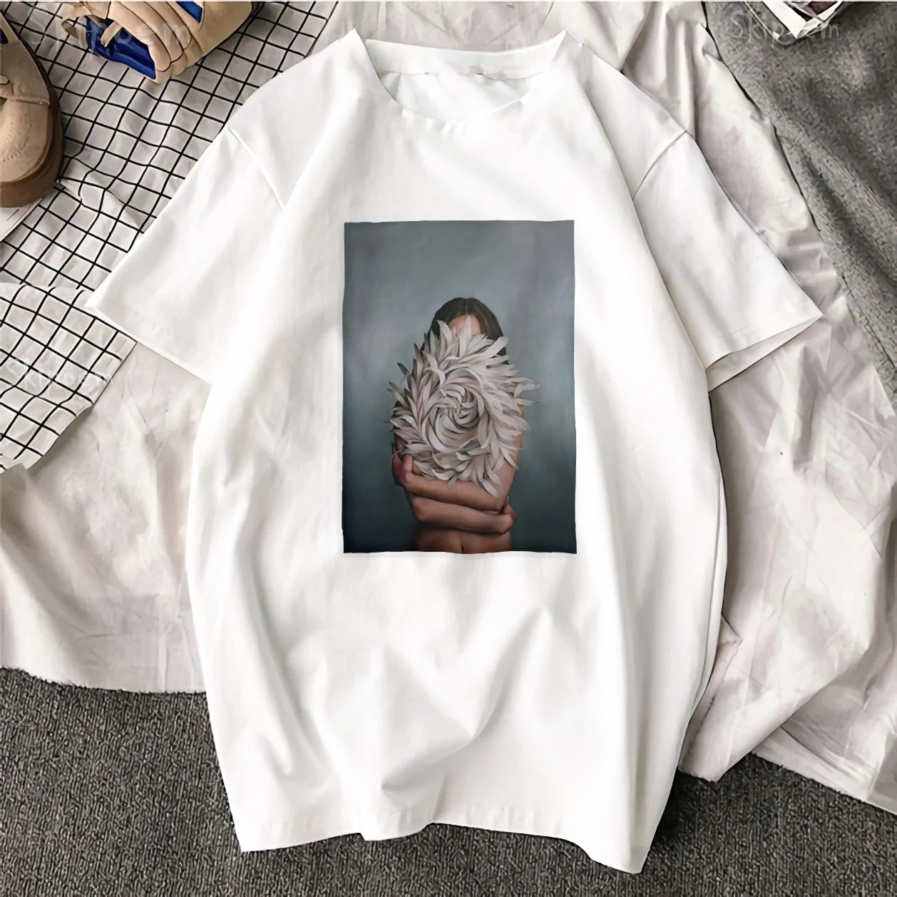 Sexy Flowers Feather Print Short Sleeve Tops