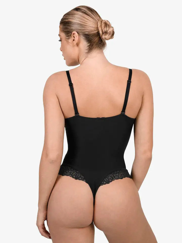 Deep V-Neck Lace Thong Bodysuit