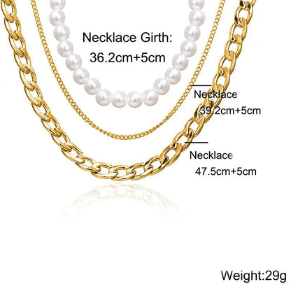 Pearl and Curb 3 Piece Layer 18K Gold