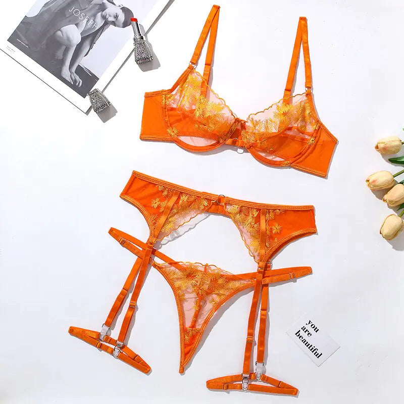 Ellolace Orange Lace Embroidery Lingerie Set - Sexy Transparent 3-Piece Mesh Bra and G String