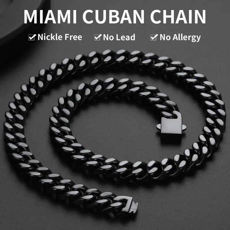 ChainsHouse Stainless Steel Mens Cuban Link Chain, Black/18K Gold Miami Cuban Chain Necklace, 5/7/9mm/12mm Width, No Tarnish&amp; Durable Hip Hop Mens Jewelry, 18"-30", Send Gift Box 20 inches d. 12mm width-black