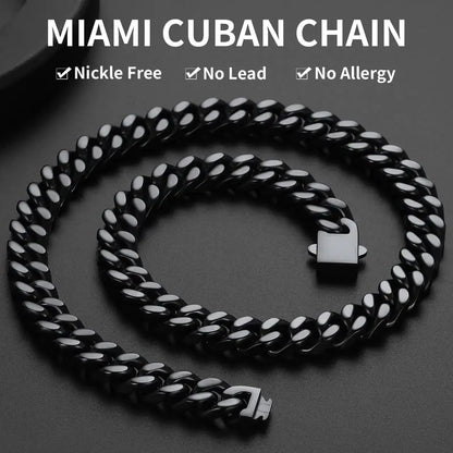 ChainsHouse Stainless Steel Mens Cuban Link Chain, Black/18K Gold Miami Cuban Chain Necklace, 5/7/9mm/12mm Width, No Tarnish&amp; Durable Hip Hop Mens Jewelry, 18"-30", Send Gift Box 20 inches d. 12mm width-black