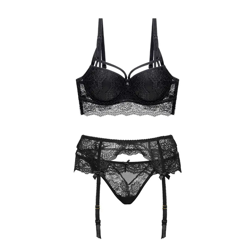 Lace Push-Up Bra Set with Sheer Garter Straps