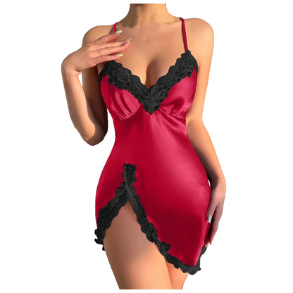 Prime Membership Womens Floral Lace Lingerie Sexy Nightwear Side Split Spaghetti Strap Nightgown Backless Sleepwear Babydoll Chemise ZB03-Red Large