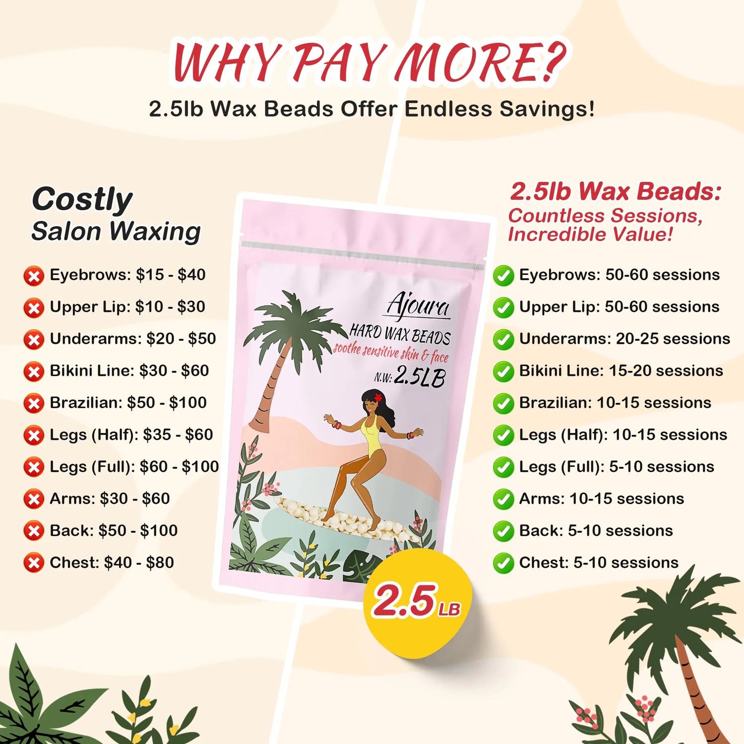 Ajoura 2.5 lb Wax Beads for Hair Removal - Premium Hard Wax for Coarse Hair, Ideal for Brazilian Bikini, Legs, Face, Underarms, Arms, Chest, Back - Sensitive Skin for Efficient Home &amp; Salon Waxing Off White-2.5lb