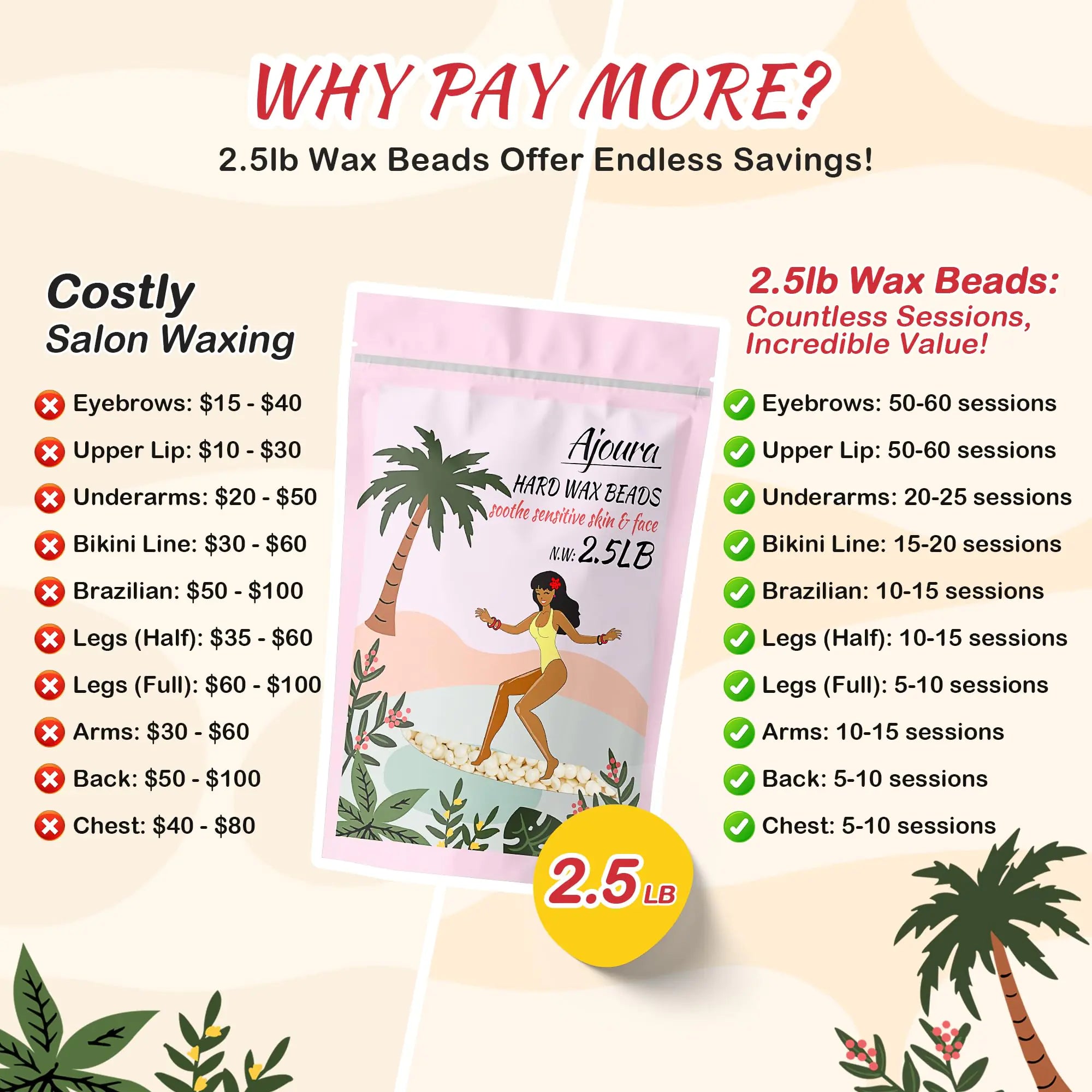 Ajoura 2.5 lb Wax Beads for Hair Removal - Premium Hard Wax for Coarse Hair, Ideal for Brazilian Bikini, Legs, Face, Underarms, Arms, Chest, Back - Sensitive Skin for Efficient Home &amp; Salon Waxing Off White-2.5lb