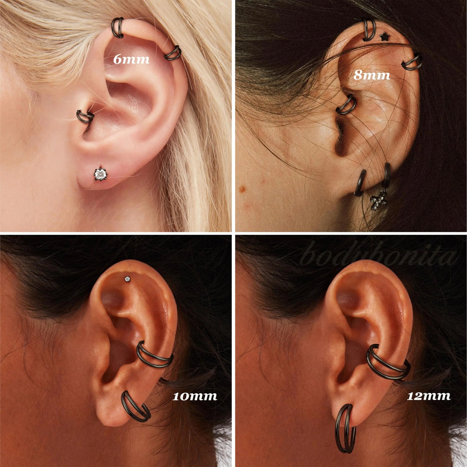 BodyBonita Triple/Double Hoop Nose Ring - 316L Stainless Steel Septum Clicker 16G/18G/20G CZ Conch Piercing Jewelry Septum Clicker Lip Rings Cartilage Earring Helix Rook Tragus Gold/Black/Silver Black-Double Hoop 20g(0.8mm)-8mm-TopPick