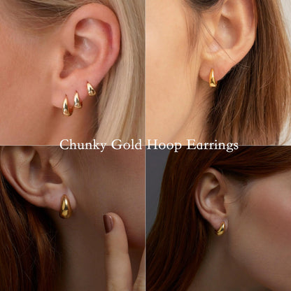 Small Gold Huggie Hoop Earrings Set for Women, Hypoallergenic 14K Real Gold Plated Stack Cartilage Earring, Earrings Sets for Multiple Piercing Lightweight Mini Thin Cute Dainty Trendy Clip On Jewelry Chunky Gold-6/8/10/12mm
