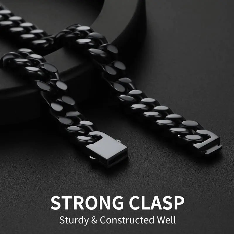 ChainsHouse Stainless Steel Mens Cuban Link Chain, Black/18K Gold Miami Cuban Chain Necklace, 5/7/9mm/12mm Width, No Tarnish&amp; Durable Hip Hop Mens Jewelry, 18"-30", Send Gift Box 20 inches d. 12mm width-black