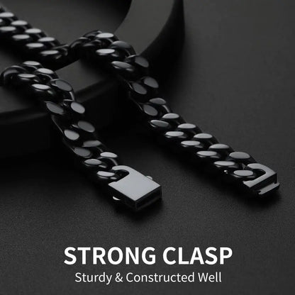 ChainsHouse Stainless Steel Mens Cuban Link Chain, Black/18K Gold Miami Cuban Chain Necklace, 5/7/9mm/12mm Width, No Tarnish&amp; Durable Hip Hop Mens Jewelry, 18"-30", Send Gift Box 20 inches d. 12mm width-black