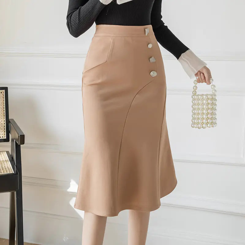 High-Waisted Asymmetric Bodycon Midi Skirt