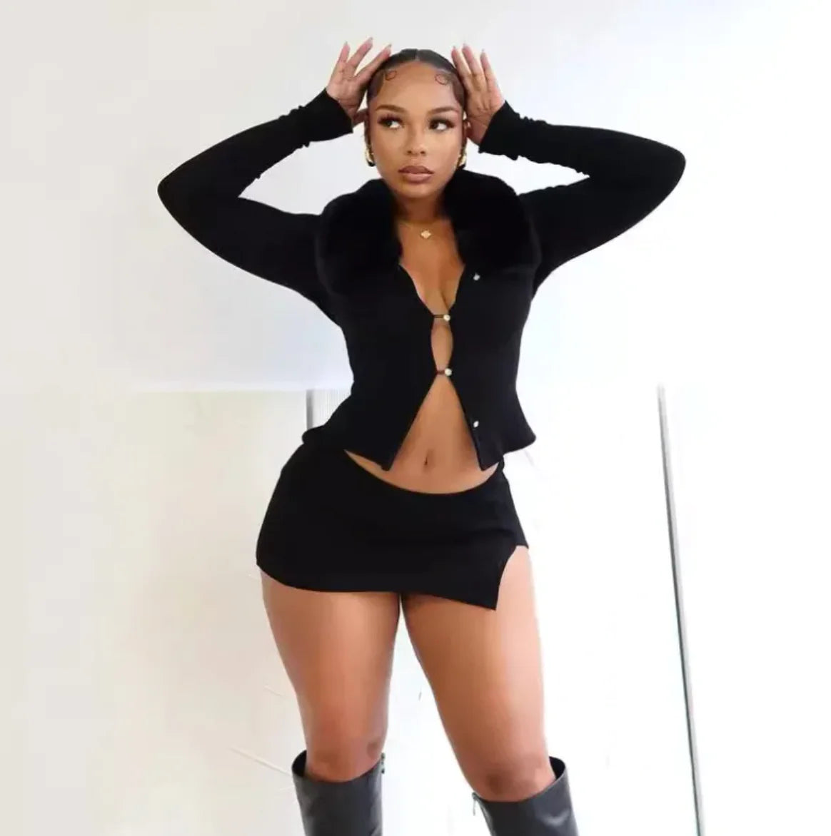 Fur Collar Buttoned Top &amp; Split Skirt Set