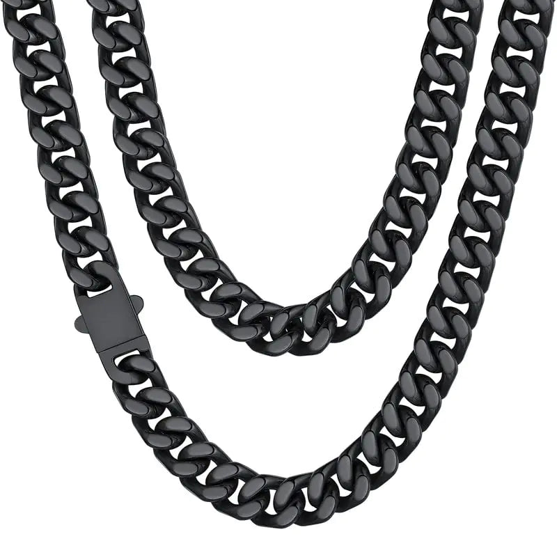 ChainsHouse Stainless Steel Mens Cuban Link Chain, Black/18K Gold Miami Cuban Chain Necklace, 5/7/9mm/12mm Width, No Tarnish&amp; Durable Hip Hop Mens Jewelry, 18"-30", Send Gift Box 20 inches d. 12mm width-black