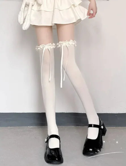 Women's White Silk Knee-High Thin Velvet Stockings