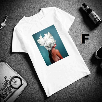 Sexy Flowers Feather Print Short Sleeve Tops